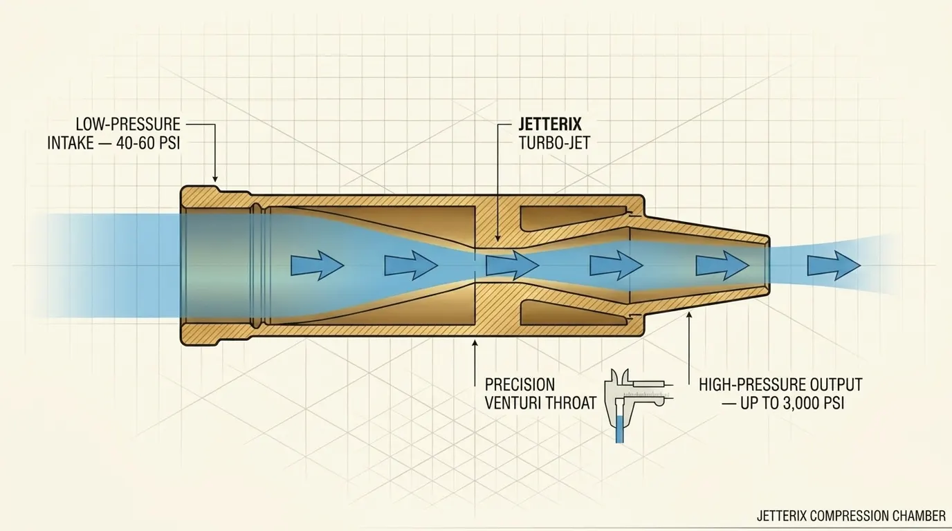Diagram of the Power Blast Plus compression chamber — cross-section showing low-pressure intake, venturi throat, and high-pressure output